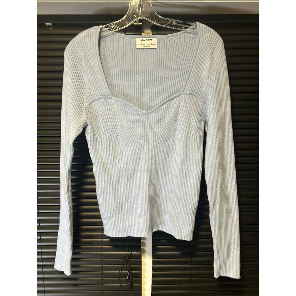 Old Navy Ribbed Sweater Womens Large Blue Long Sleeve Sweetheart Neck Casual
